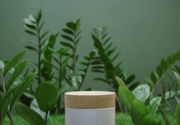 istock empty table top wood counter podium on grass tropic forest jungle plant blurred dark green background.natural product present placement pedestal promotion display,spring or summer minimal advertising. 1456808063