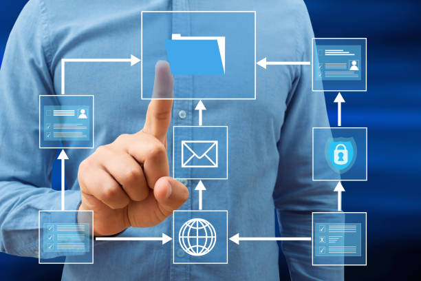 istock Young man near the virtual screen, clicking on the function of artificial intelligence. Global network and data exchange in human hands 1456810981