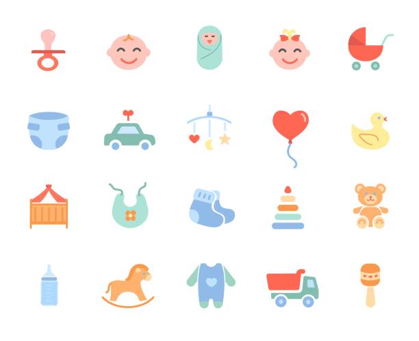 Child color icons set Child color icons set. Collection of graphic elements for website. Pacifier and sliders. Clothes and toys. Bear, car, pyramid and horse. Cartoon flat vector illustrations isolated on white background group of babies stock illustrations