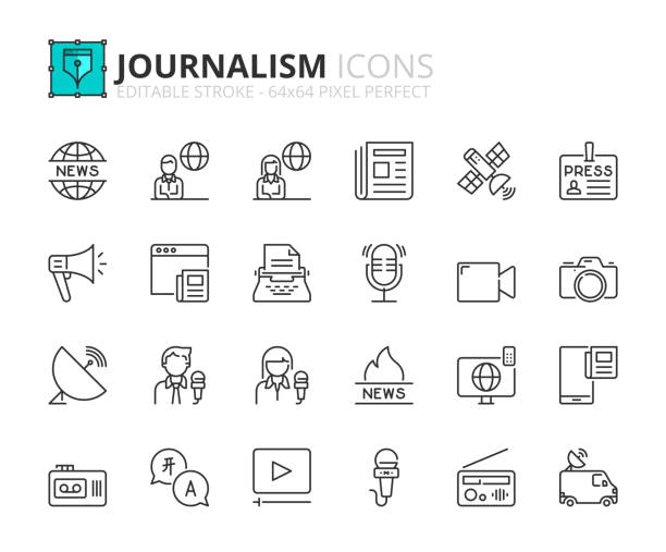 ilustraciones, imágenes clip art, dibujos animados e iconos de stock de conjunto simple de iconos de esquema sobre periodismo y noticias. - periodista