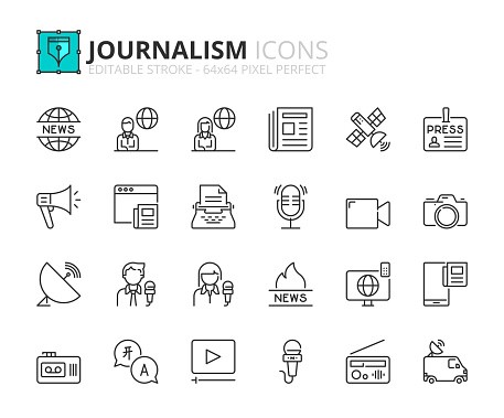Outline icons  about journalism. Contains such icons as communication, news, tv, radio, newspaper, digital media and journalist. Editable stroke Vector 64x64 pixel perfect