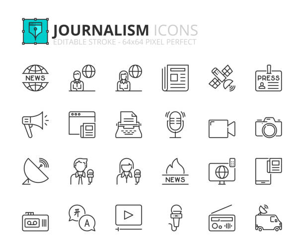 Simple set of outline icons about journalism and news. Outline icons  about journalism. Contains such icons as communication, news, tv, radio, newspaper, digital media and journalist. Editable stroke Vector 64x64 pixel perfect journalist stock illustrations