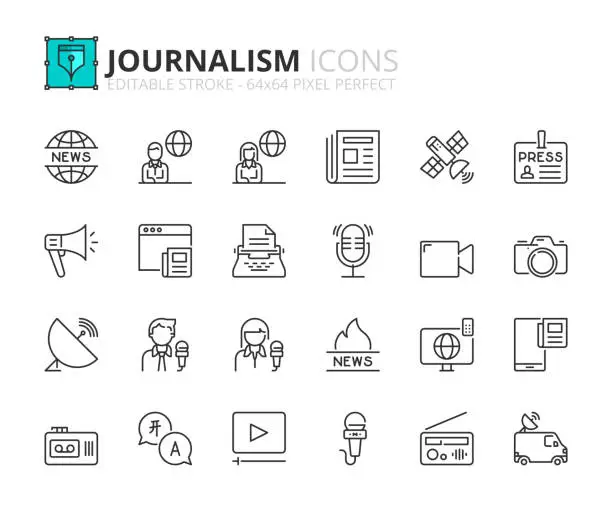 Vector illustration of Simple set of outline icons about journalism and news.