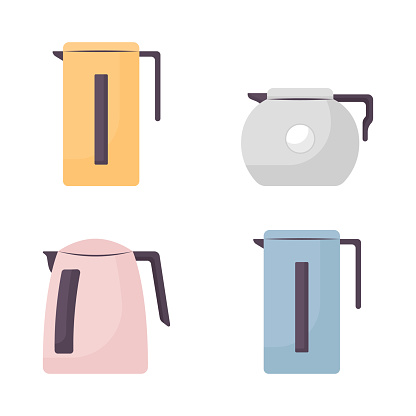 Electric kettles semi flat color vector objects set. Editable elements. Items on white. Tea supplies. Kitchenware simple cartoon style illustration for web graphic design and animation collection