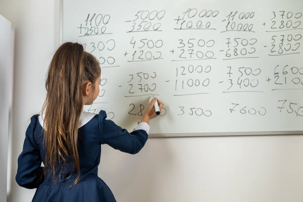 piccola bella ragazza risponde davanti alla lavagna della scuola sorridendo. - reading and writing blackboard book elementary school building foto e immagini stock