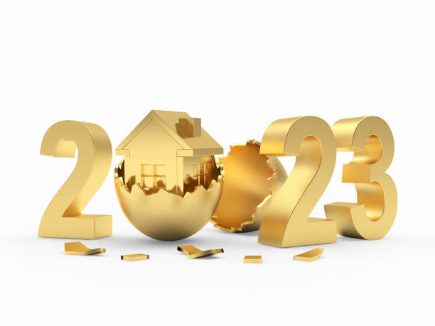 istock Golden number 2023 with a house in a broken eggshell 1456813095