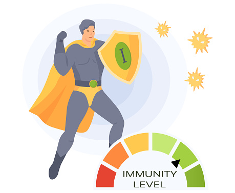 Man in super man costume and circular spectrum of level of immunity. Power of imunity to fight disease isolated vector. Battle winner superhero as symbol of human health. Hero demonstrates his power