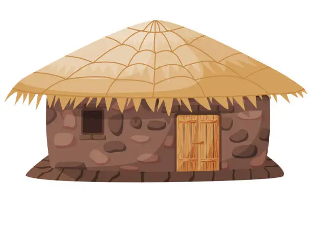 Vector illustration of Country hut, house of stones and clay with thatched roof isolated on white. Cute small poor shack