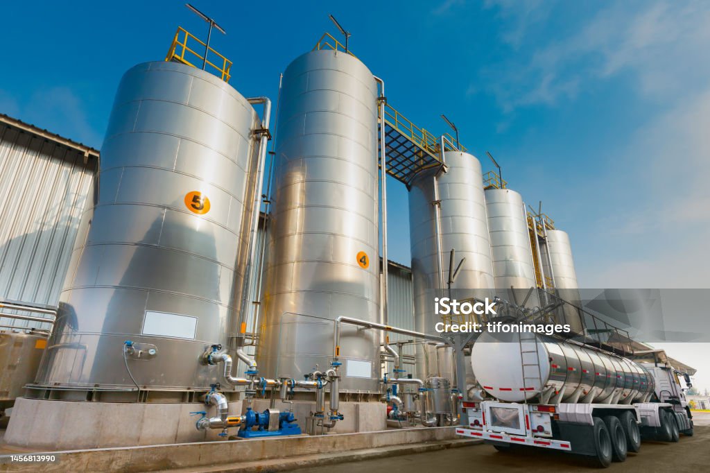 Silos with chemicals Unloading of silos with chemicals for the food industry Storage Tank Stock Photo