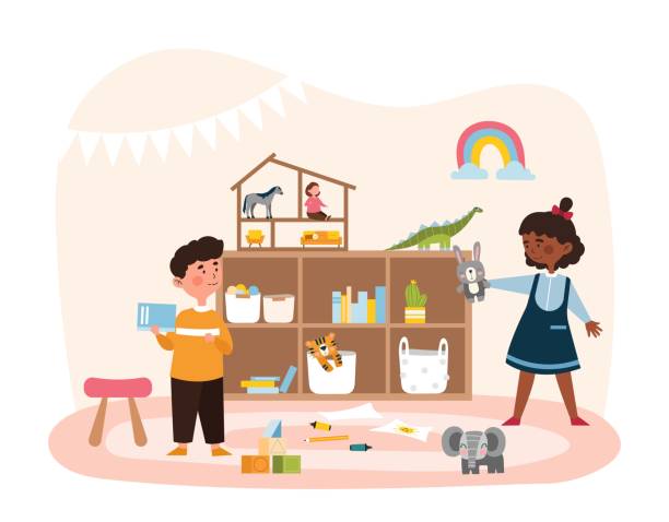 Children clean up at playroom Children clean up at playroom. Boy and girl with toys in their hands, hare and elephant, tiger. Poster or banner for website. Disorder and chaos, brother and sister. Cartoon flat vector illustration school cleaning stock illustrations