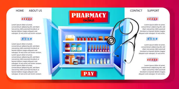 Vector illustration of Medicine and health concept in cartoon style. Web page or template for a pharmacy or healthcare facility. Medical first aid kit with a stethoscope and medicines on an abstract color background with space for text.
