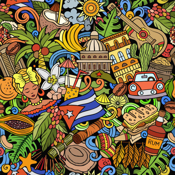 Cartoon doodles Cuba seamless pattern Cartoon doodles Cuba seamless pattern. Backdrop with local Cuban culture symbols and items. Colorful background for print on fabric, textile, greeting cards, scarves, wallpaper cuba stock illustrations