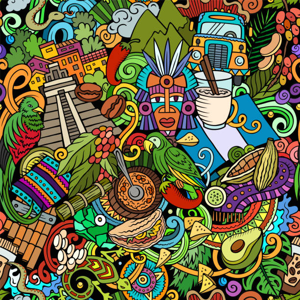 Cartoon doodles Guatemala seamless pattern Cartoon doodles Guatemala seamless pattern. Backdrop with local Central America culture symbols and items. Colorful background for print on fabric, textile, greeting cards, scarves, wallpaper marimba stock illustrations