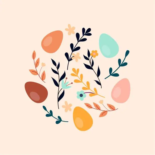 Vector illustration of Easter boho leaves with eggs