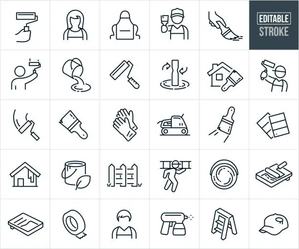 Vector illustration of House Painting Thin Line Icons - Editable Stroke - Icons Include A Painter Painting, Paint Roller, Paint Brush, Bucket Of Paint, Painting Supplies, Paint Pan, Mixing Paint