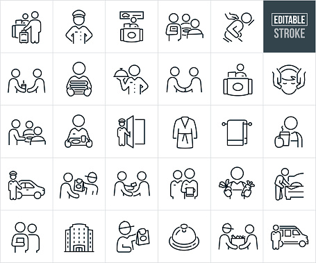 A set of hospitality icons that include editable strokes or outlines using the EPS vector file. The icons include a hotel guest at hotel check-in desk, concierge, bellhop, rental car customer service, waiter, person getting a massage, person delivering coffee to another person, room service attendant delivering fresh clean towels, waiter delivering meal, two people shaking hands, front desk attendant, woman getting a facial massage, waiter serving customers at restaurant, hotel staff delivering room service meal, door attendant holding open door, bathrobe, barista handing over a cup of coffee, chauffeur at car to welcome guest, food delivery person delivering food to customer, hospitality worker greeting customer with a handshake and information, restaurant wait staff, chef offering customer different foods, hotel housekeeping making bed, hotel, service bell, food delivery person giving customer box of food and other related icons.