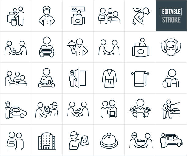 Hospitality Thin Line Icons - Editable Stroke - Icons Include Service Industry, Hotel Accommodations, Travel And Tourism, Tourist, Restaurant Staff, Waiter, Waitress, Reception, Receptionist, Greeting, Bellhop, Concierge, Door Attendant A set of hospitality icons that include editable strokes or outlines using the EPS vector file. The icons include a hotel guest at hotel check-in desk, concierge, bellhop, rental car customer service, waiter, person getting a massage, person delivering coffee to another person, room service attendant delivering fresh clean towels, waiter delivering meal, two people shaking hands, front desk attendant, woman getting a facial massage, waiter serving customers at restaurant, hotel staff delivering room service meal, door attendant holding open door, bathrobe, barista handing over a cup of coffee, chauffeur at car to welcome guest, food delivery person delivering food to customer, hospitality worker greeting customer with a handshake and information, restaurant wait staff, chef offering customer different foods, hotel housekeeping making bed, hotel, service bell, food delivery person giving customer box of food and other related icons. hotel stock illustrations