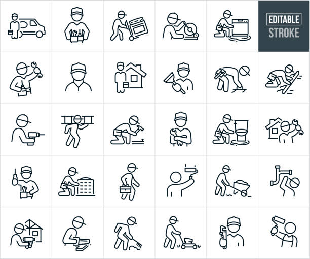 Handyman Thin Line Icons - Editable Stroke - Icons Include A Repairman, Handy Person, Crafts Person, Carpenter, Plumber, Blue Collar Worker, Fixing, Repair, Landscaper, Painter, Home Appliances A set of handyman icons that include editable strokes or outlines using the EPS vector file. The icons include a service technician standing next to work van with toolbox in hand, handyman wearing tool belt with tool, service repairman delivering stove, handyman using power saw to cut, repairman fixing leaking dishwasher, handyman holding up wrench and wearing tool belt with tools, craftsperson wearing ball cap, handyman standing outside house holding toolbox, cement worker working with concrete, repairman with power drill, handyman carrying ladder, handyman hammering nail, plumber fixing leaking toilet, repairman working on fixing air conditioner, handyman carrying toolbox to job, handyman painting wall with paint roller, landscaper pushing wheelbarrow, handyman working on water pipes, handyman framing house, crafts person or carpenter cutting wood with hand saw, landscaper using rake in yard, landscaper using lawn mower to mow lawn, plumber holding pipe wrench and other related icons. appliance repair stock illustrations