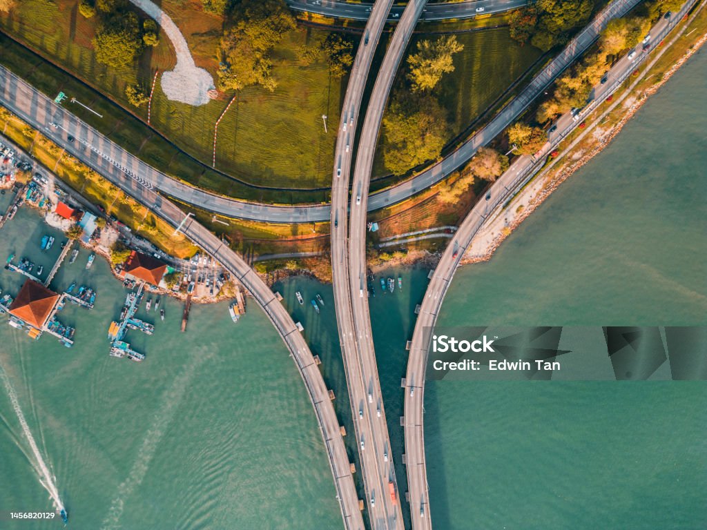 Morning Penang bridge aerial point of view Bridge - Built Structure Stock Photo