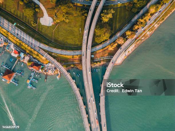 Morning Penang Bridge Aerial Point Of View Stock Photo - Download Image Now - Bridge - Built Structure, Aerial View, Awe