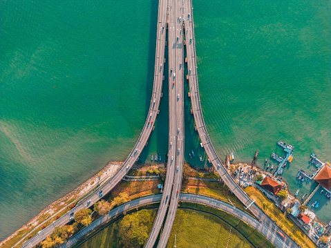 Morning Penang bridge aerial point of view