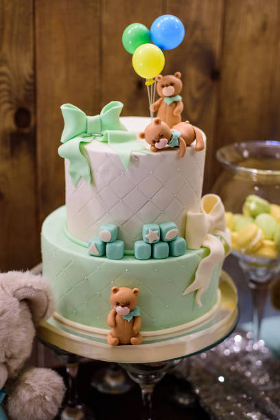 istock Two-tiered white birthday cake decorated with bears 1456820457