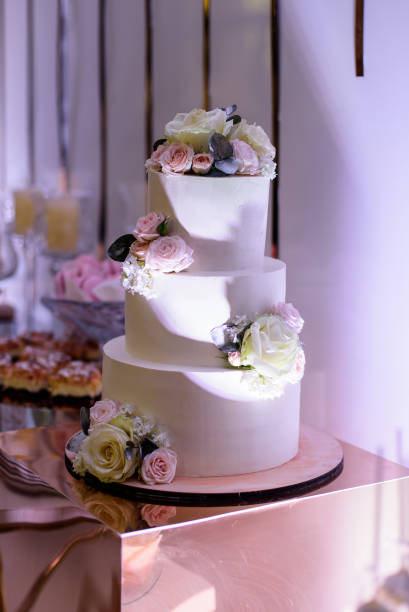 istock White wedding cake with flowers on candy bar 1456820518