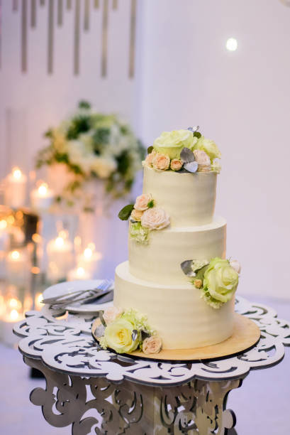 istock White wedding cake with flowers on candy bar 1456820614