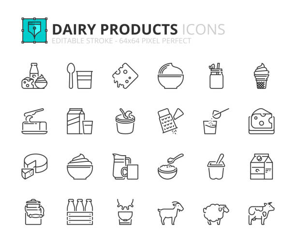 Simple set of outline icons about Food and Drink. Dairy products Outline icons about food and drink.  Dairy products. Editable stroke 64x64 pixel perfect. milking unit stock illustrations