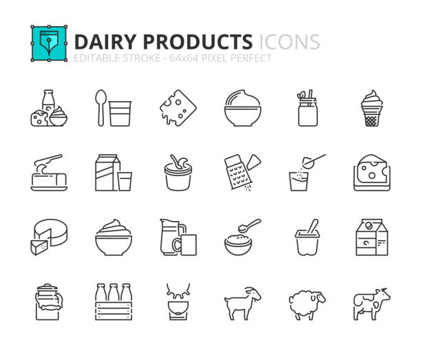 Simple set of outline icons about Food and Drink. Dairy products Outline icons about food and drink. Dairy products. Editable stroke 64x64 pixel perfect. yogurt stock illustrations