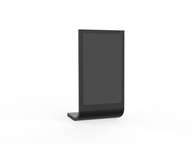 maqueta de mostrador de mesa de carga lateral en marco metálico. ilustración de renderizado 3d - black sign holding vertical fotografías e imágenes de stock