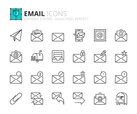 Outline icons about email. Technology and communication concept. Contains such icons as mail, inbox, reply, edit, send and mailbox. Editable stroke Vector 64x64 pixel perfect