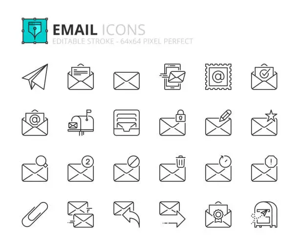 Vector illustration of Simple set of outline icons about email. Technology and communication concept.
