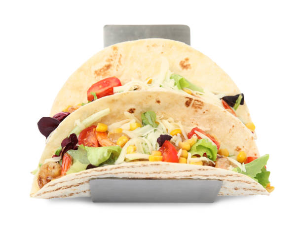 Delicious tacos with shrimps and cheese on white background