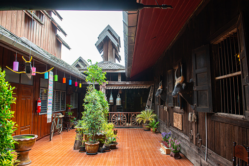 Old building with Thai native interior in Nantaram temple, Thailand.