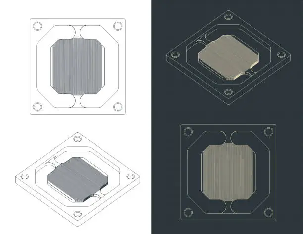 Vector illustration of CPU water cooling block base blueprints