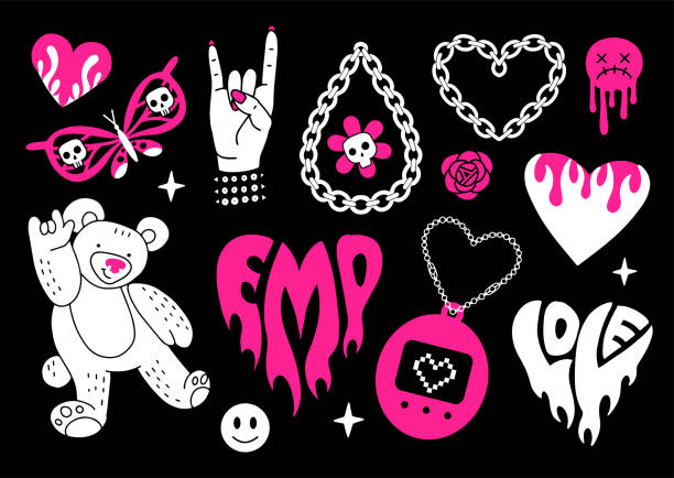 Y2k glamour pink and black elements set. Butterfly, kawaii bear, fire, flame, chain heart, tattoo and other icons in trendy emo goth 2000s style. Vector hand drawn illustration. 90s, 00s aesthetic Y2k glamour pink and black elements set. Butterfly, kawaii bear, fire, flame, chain heart, tattoo and other icons in trendy emo goth 2000s style. Vector hand drawn illustration. 90s, 00s aesthetic. emo stock illustrations