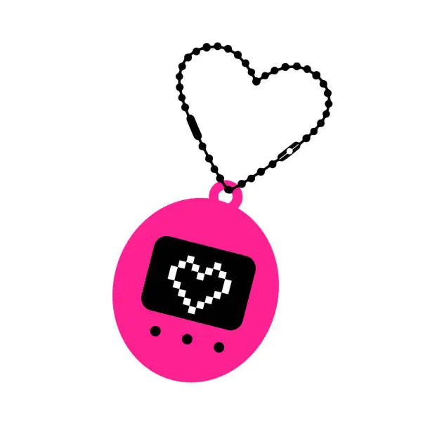 Vector illustration of Y2k glamour pink and black clipart of old pocket game device. 2000s pink emo retro tamagotchi, childhood nostalgia. Vectorsimple illustration EPS 10. Vintage Valentines day card.