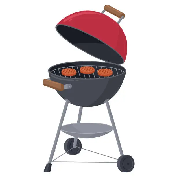 Vector illustration of Cartoon barbecue grill. Bbq picnic party device with cooking rack, BBQ charcoal cookout equipment flat vector illustration on white background
