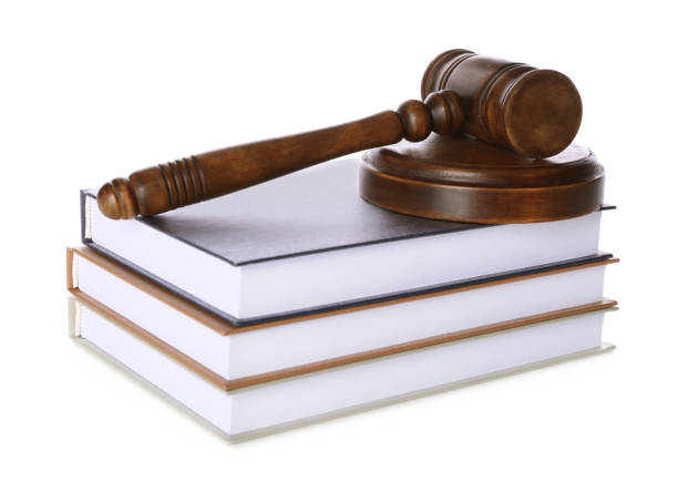 istock Wooden gavel and stack of books on white background 1456831623