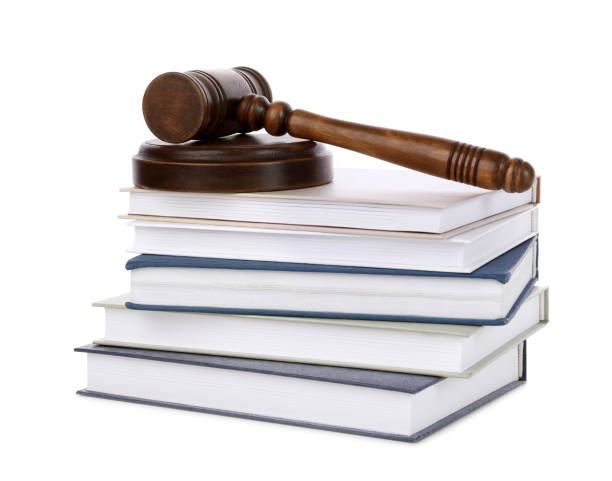 istock Wooden gavel and stack of books on white background 1456833227