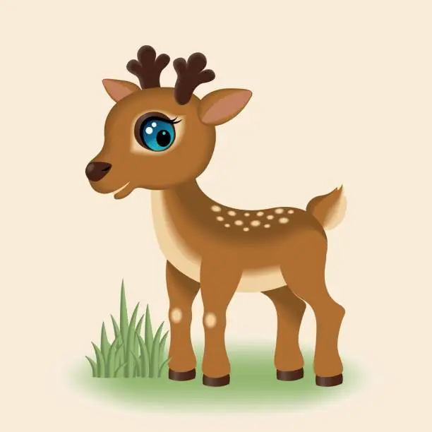 Vector illustration of Cute cartoon little deer on the grass. Cute animal illustration. Deer baby. Vector illustration.