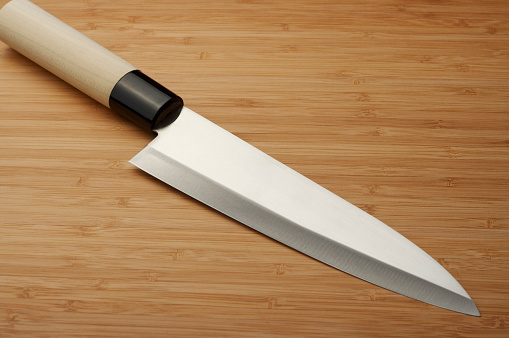 Butcher knife in a Spanish butcher shop on a table