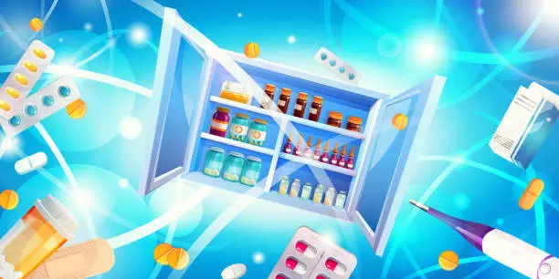 Vector illustration of Medicine and health concept in cartoon style. Medical first aid kit with medicines and pills on an abstract color background.