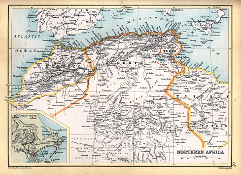Old Antique map of North Africa, Morocco, Algeria, Tunisia, Libya, detail of Tunis, 1890s, Victorian 19th Century history