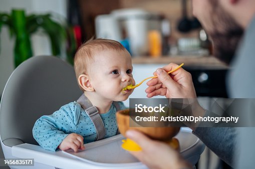 istock Caring single father spoon feeding his beautiful son. 1456835171