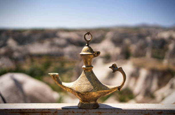 aladdin's magic lamp on the background of the landscapes of cappadocia - oil lantern imagens e fotografias de stock