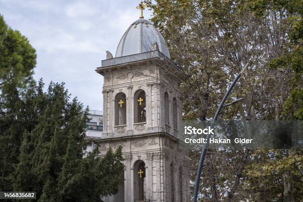 Church Tower Tower Among Trees Cloudy Weather Old Church In Istanbul Turkey Close Up Detailed Church Of Ayios Yeorgios Stock Photo - Download Image Now