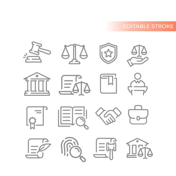 ilustrações de stock, clip art, desenhos animados e ícones de law, legal and justice vector line icon set - law book weight scale legal system