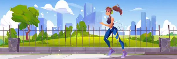 Vector illustration of Woman jogging in city park, healthy lifestyle